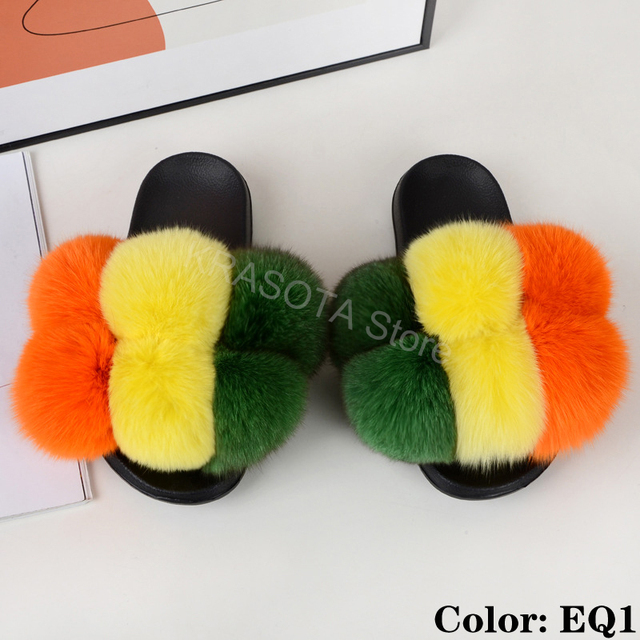 fluffy slippers women luxury real fox fur slippers women home fur slides ladies summer flip flops wholesale flat shoes slippers