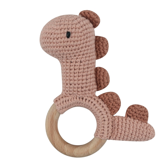 1pc or 2pcs/set BPA Free Crochet Dinosaur Baby Teether Rattle Safe Beech Wooden Teether Ring Newborn Mobile Sport Educational Toy