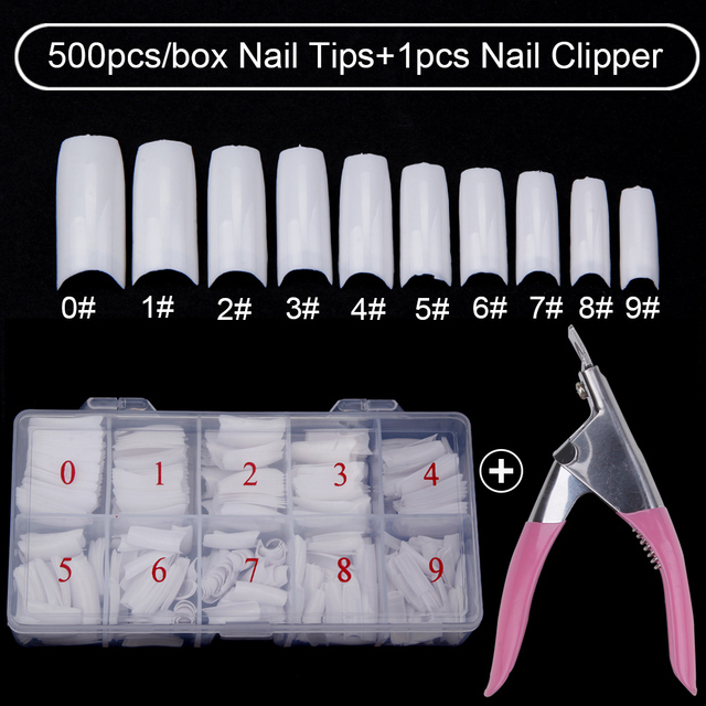 500pcs/box Clear Artificial False Nail Tips Capsule with Nails Cutter Coffin French Full Cover Fake Nails Manicure Tools