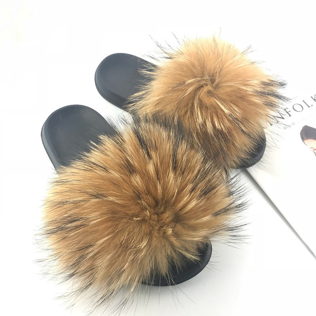 Real Fox Fur Slippers Women Summer Indoor Fluffy Flat Raccoon Fur Slides Outdoor Fashion Casual Beach Shoes Plus Size Shoes