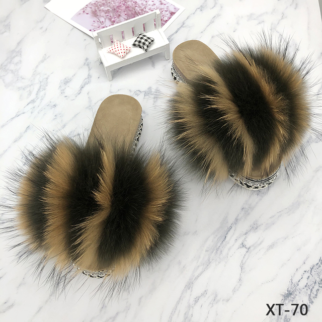 Fur Slides Summer Rivets Platform Sandals Ladies Sandals Outdoor Real Fur Ladies Heels Shoes 2021 New Fluffy Slippers Flip Flops