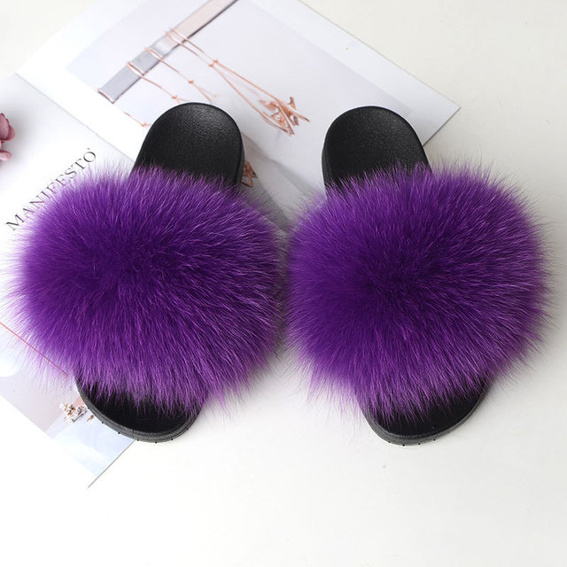 Women Summer Fluffy Fur Slippers Flat Non-slip Solid Real Furry Fur Slides Platform Shoes Plush Fur Sandals Flip Flops Women