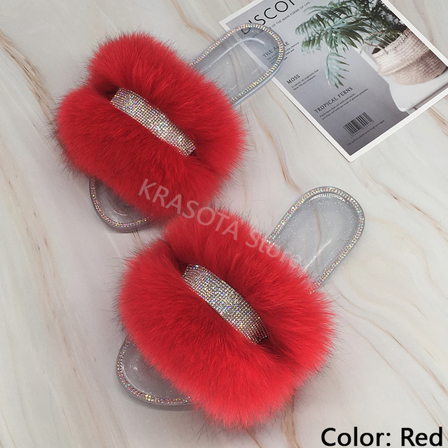 Jelly Slippers Transparent Crystal Flat Slippers Furry Slides for Women Fluffy Slippers Fur Sandals Flip Flop Ladies Summer 2022