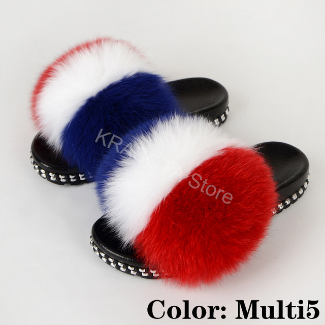 Fur Slippers Women Real Fox Fur Slides Fluffy Home Slippers Luxury Flip Flop with Fur Ladies Platform Sandals Summer Shoes Women