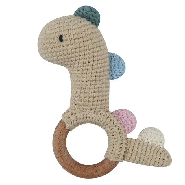 1pc or 2pcs/set BPA Free Crochet Dinosaur Baby Teether Rattle Safe Beech Wooden Teether Ring Newborn Mobile Sport Educational Toy