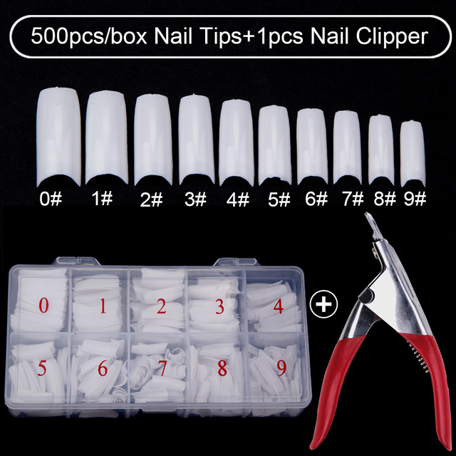 500pcs/box Clear Artificial False Nail Tips Capsule with Nails Cutter Coffin French Full Cover Fake Nails Manicure Tools