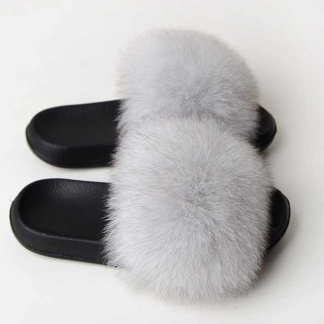 Real Fox Fur Slippers Women Summer Indoor Fluffy Flat Raccoon Fur Slides Outdoor Fashion Casual Beach Shoes Plus Size Shoes