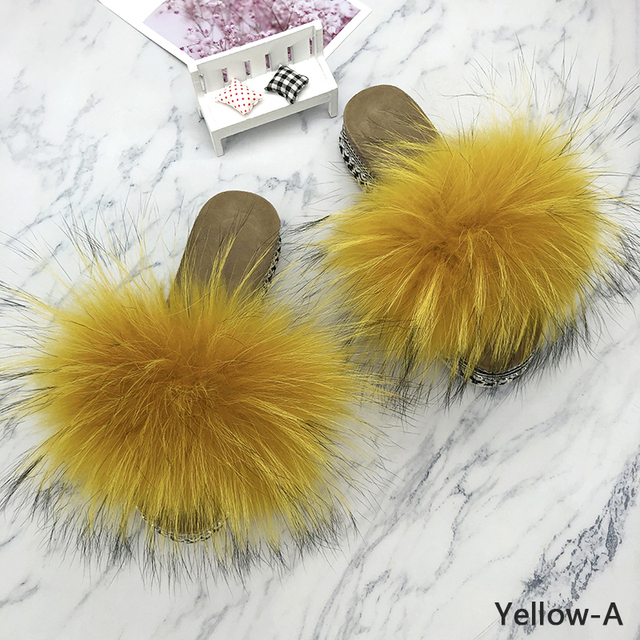 Fur Slides Summer Rivets Platform Sandals Ladies Sandals Outdoor Real Fur Ladies Heels Shoes 2021 New Fluffy Slippers Flip Flops