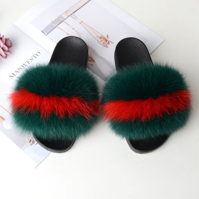 Genuine Fluffy Fur Slippers Women Summer Indoor Flip Flops Fur Sandals Slides Ladies Home Furry Plush Shoes Woman Fur Slides