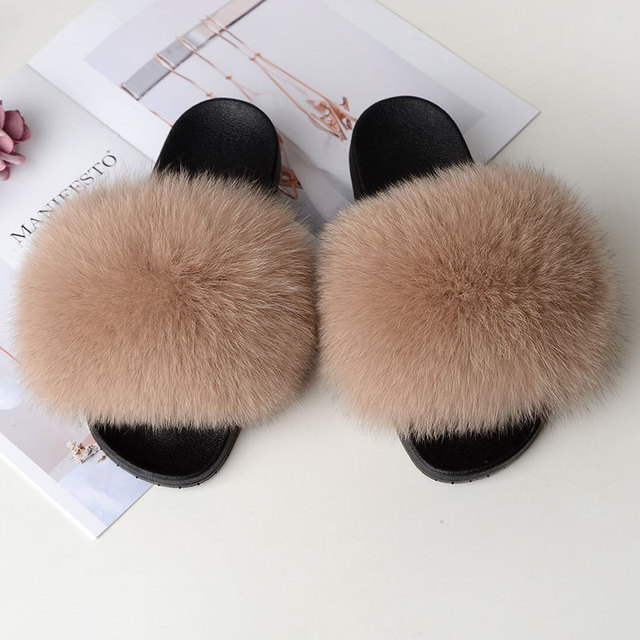 Women Summer Fluffy Fur Slippers Flat Non-slip Solid Real Furry Fur Slides Platform Shoes Plush Fur Sandals Flip Flops Women