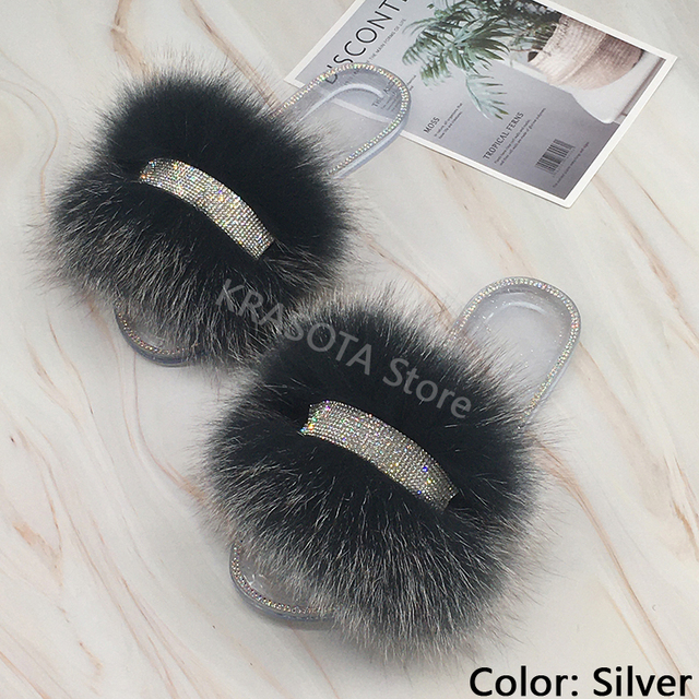 Jelly Slippers Transparent Crystal Flat Slippers Furry Slides for Women Fluffy Slippers Fur Sandals Flip Flop Ladies Summer 2022