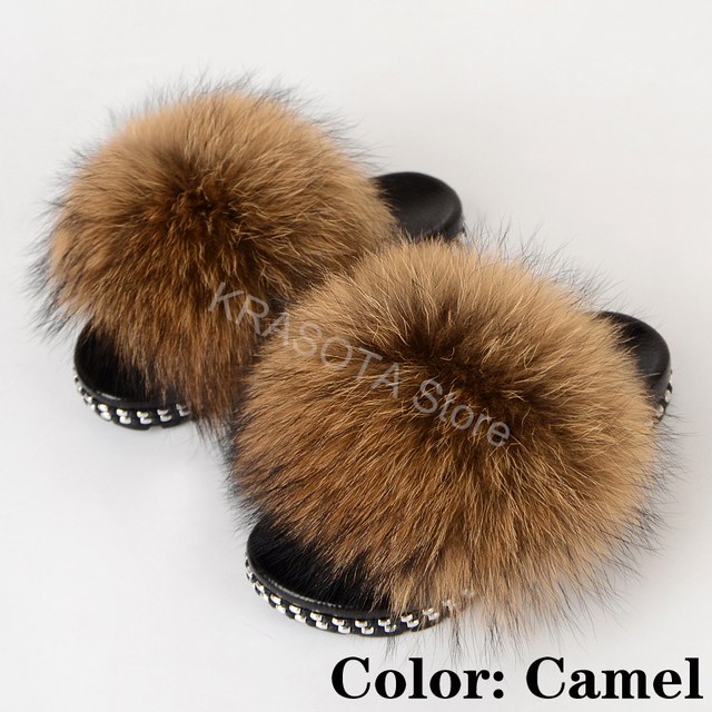 Fur Slippers Women Real Fox Fur Slides Fluffy Home Slippers Luxury Flip Flop with Fur Ladies Platform Sandals Summer Shoes Women