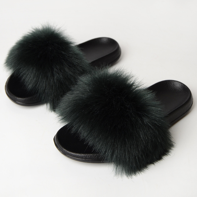 Women Summer New Synthetic Fox Fur Slippers Indoor Home Furry Cute Faux Raccoon Fur Non-slip Outdoor Home Shoes Beach Sandals