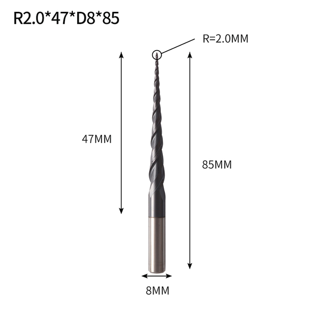 VACK - Ball Nose Pointed End Mills, 3.175mm, 4mm, 6mm, 8mm, Router Bits, Cnc, Wood and Metal Milling Machine