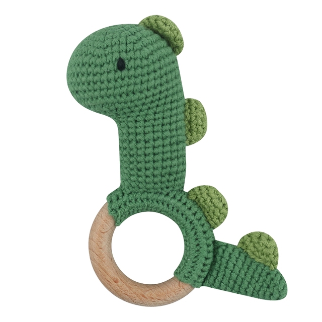 1pc or 2pcs/set BPA Free Crochet Dinosaur Baby Teether Rattle Safe Beech Wooden Teether Ring Newborn Mobile Sport Educational Toy