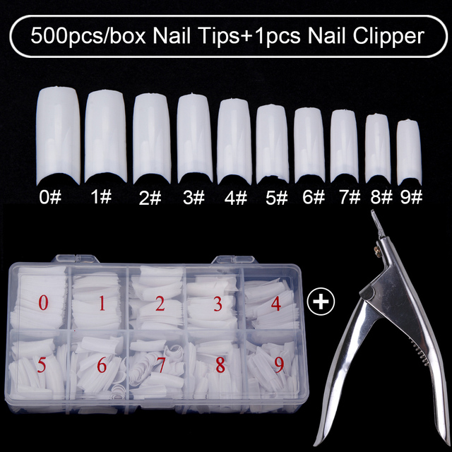 500pcs/box Clear Artificial False Nail Tips Capsule with Nails Cutter Coffin French Full Cover Fake Nails Manicure Tools