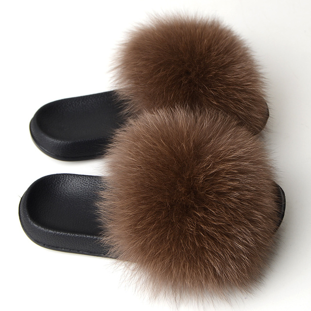 Real Fox Fur Slippers Women Summer Indoor Fluffy Flat Raccoon Fur Slides Outdoor Fashion Casual Beach Shoes Plus Size Shoes