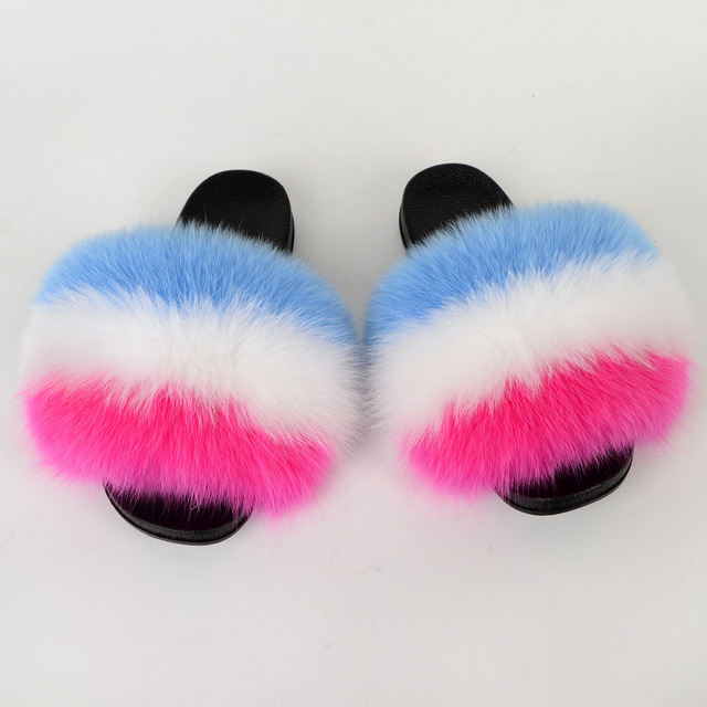 Genuine Fluffy Fur Slippers Women Summer Indoor Flip Flops Fur Sandals Slides Ladies Home Furry Plush Shoes Woman Fur Slides