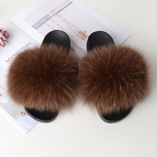 Women Summer Fluffy Fur Slippers Flat Non-slip Solid Real Furry Fur Slides Platform Shoes Plush Fur Sandals Flip Flops Women