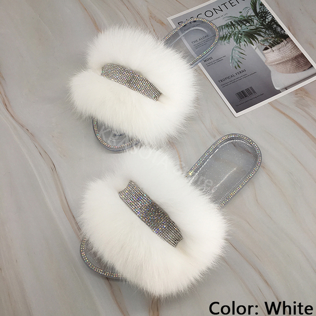 Jelly Slippers Transparent Crystal Flat Slippers Furry Slides for Women Fluffy Slippers Fur Sandals Flip Flop Ladies Summer 2022