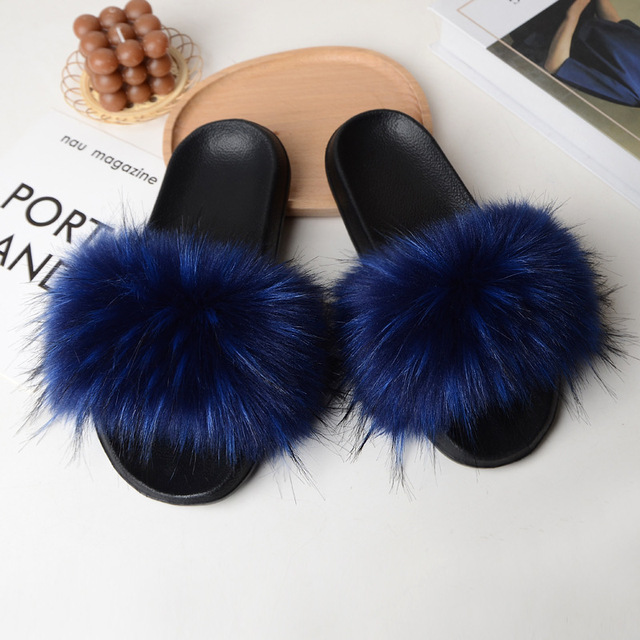 Women Summer New Synthetic Fox Fur Slippers Indoor Home Furry Cute Faux Raccoon Fur Non-slip Outdoor Home Shoes Beach Sandals