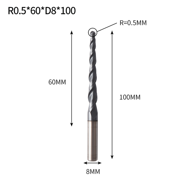 VACK - Ball Nose Pointed End Mills, 3.175mm, 4mm, 6mm, 8mm, Router Bits, Cnc, Wood and Metal Milling Machine