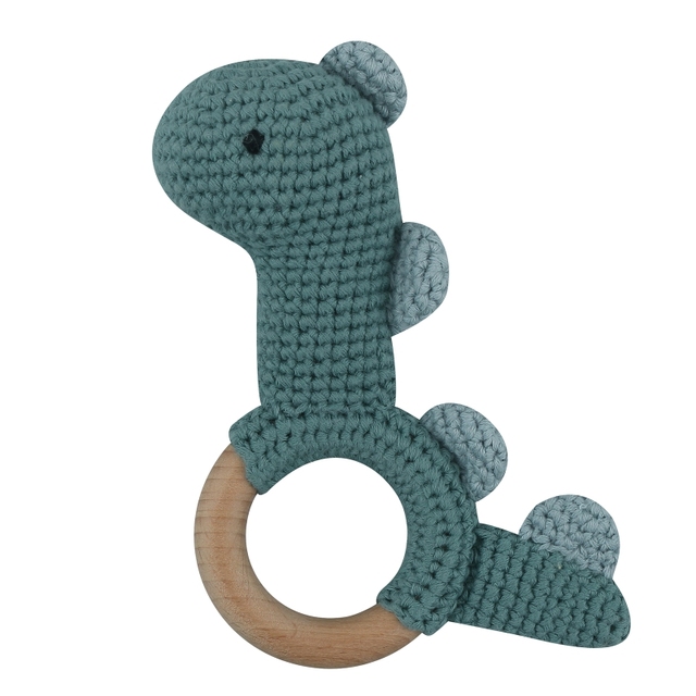 1pc or 2pcs/set BPA Free Crochet Dinosaur Baby Teether Rattle Safe Beech Wooden Teether Ring Newborn Mobile Sport Educational Toy