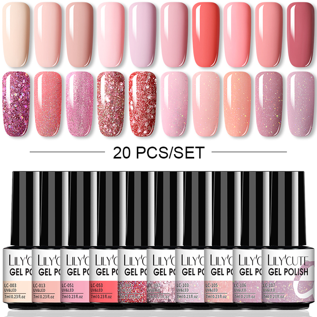 LILYCUTE 10/20/8/2pcs Gel Nail Polish Set Semi Permanent Glitter Hybrid Varnish Base Top Coat Soak Off UV LED Nails Gel