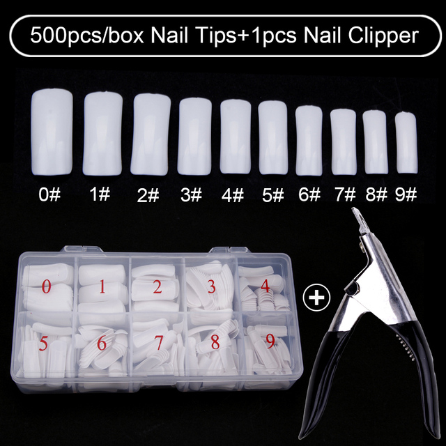 500pcs/box Clear Artificial False Nail Tips Capsule with Nails Cutter Coffin French Full Cover Fake Nails Manicure Tools