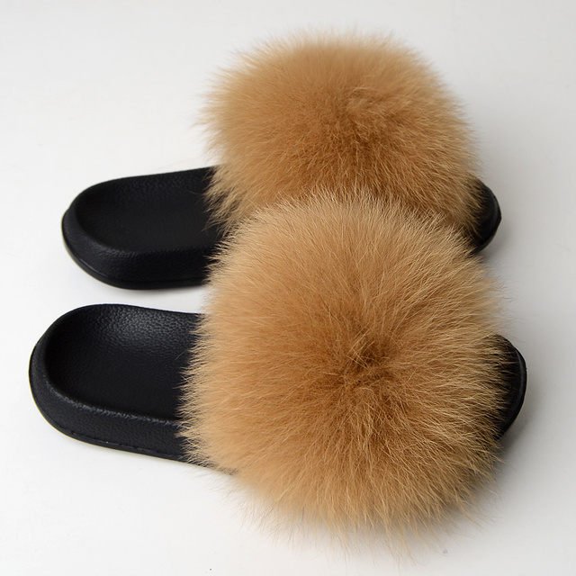 Real Fox Fur Slippers Women Summer Indoor Fluffy Flat Raccoon Fur Slides Outdoor Fashion Casual Beach Shoes Plus Size Shoes