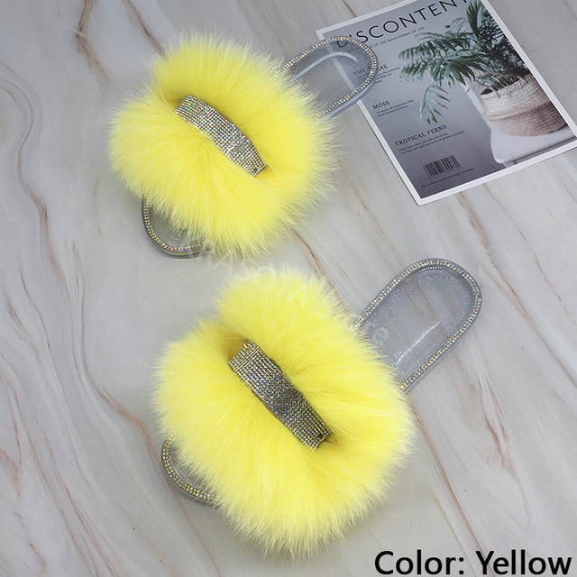 Jelly Slippers Transparent Crystal Flat Slippers Furry Slides for Women Fluffy Slippers Fur Sandals Flip Flop Ladies Summer 2022