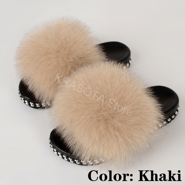 Fur Slippers Women Real Fox Fur Slides Fluffy Home Slippers Luxury Flip Flop with Fur Ladies Platform Sandals Summer Shoes Women