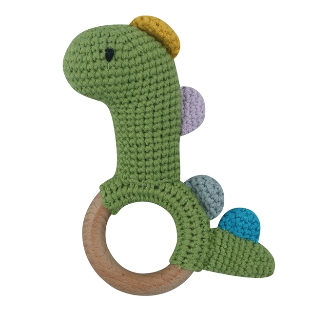 1pc or 2pcs/set BPA Free Crochet Dinosaur Baby Teether Rattle Safe Beech Wooden Teether Ring Newborn Mobile Sport Educational Toy