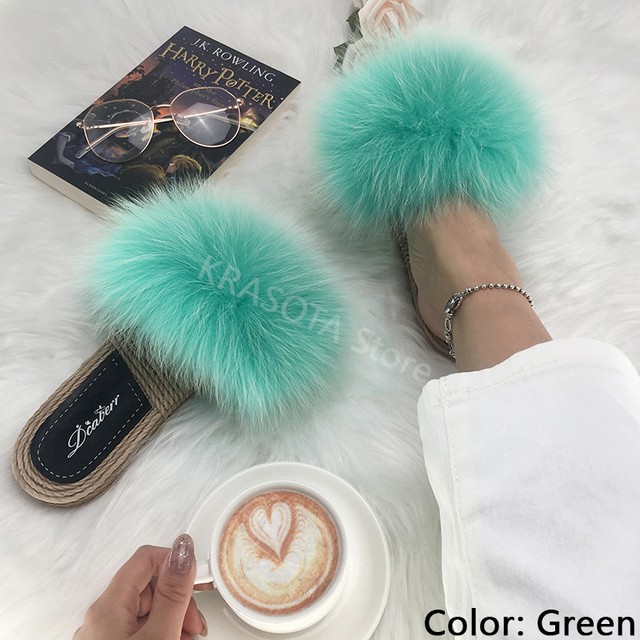 Real Fox Fur Slides Summer Women Faux Espadrilles Slippers Ladies Fluffy Flip Flops Luxury Furry Sandals Shoes 36 37 38 39 40