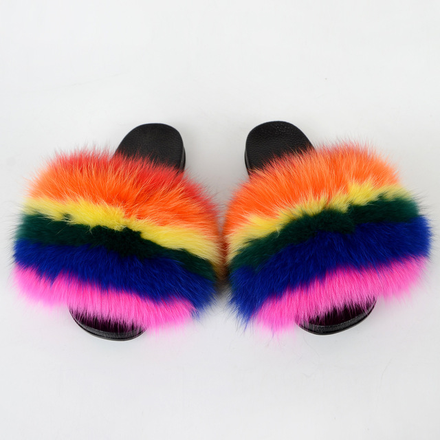 Genuine Fluffy Fur Slippers Women Summer Indoor Flip Flops Fur Sandals Slides Ladies Home Furry Plush Shoes Woman Fur Slides