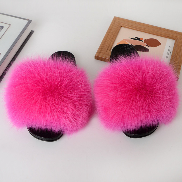 Women Summer Fluffy Fur Slippers Flat Non-slip Solid Real Furry Fur Slides Platform Shoes Plush Fur Sandals Flip Flops Women