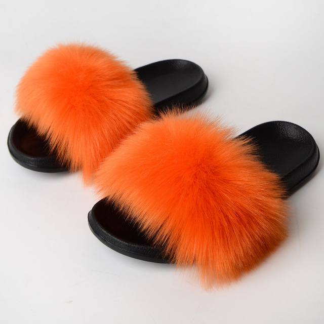 Women Summer New Synthetic Fox Fur Slippers Indoor Home Furry Cute Faux Raccoon Fur Non-slip Outdoor Home Shoes Beach Sandals