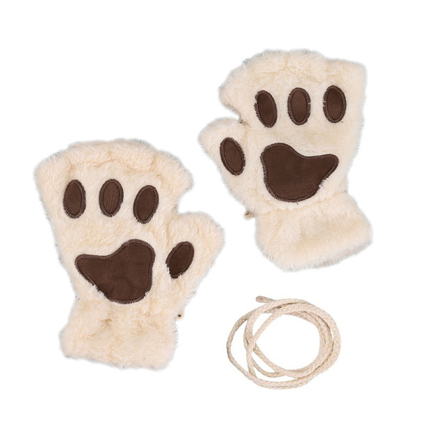 Cute Cat Paw Plush Fingerless Gloves Winter Warm Faux Fur Gloves Half Finger Gloves Lovely Bear Paw Gloves For Women Girls