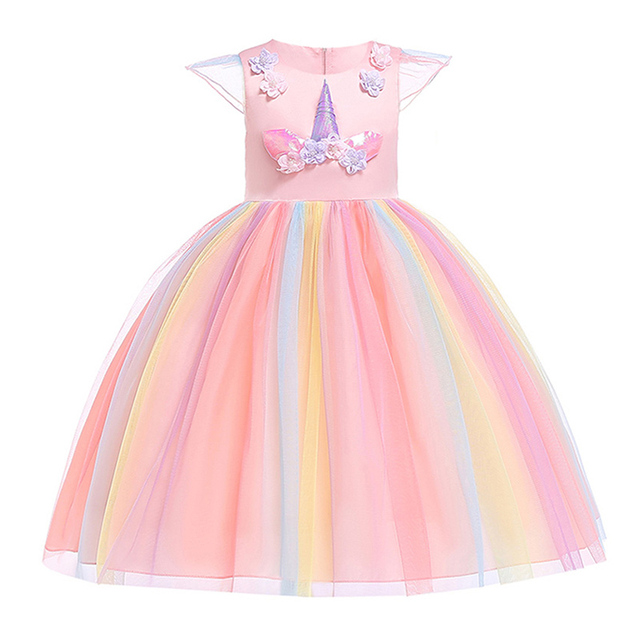 New Girls' Rainbow Unicorn Dress, Girls' Rainbow Unicorn Dress for Party Birthday