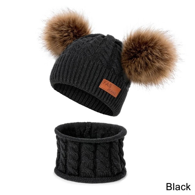 New Newborn Baby Kids Girls Boys Hat Scarf Winter Warm Knit Hat Furry Balls Pompom Solid Warm Cute Lovely Beanie Hat Gift Set