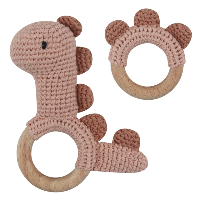 1pc or 2pcs/set BPA Free Crochet Dinosaur Baby Teether Rattle Safe Beech Wooden Teether Ring Newborn Mobile Sport Educational Toy