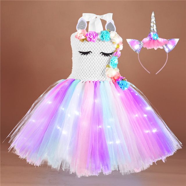 Girl Unicorn Dresses for Girls Tutu Princess Party Dresses with LED Lights Flower Birthday Party Cosplay Costume Girls Clothing