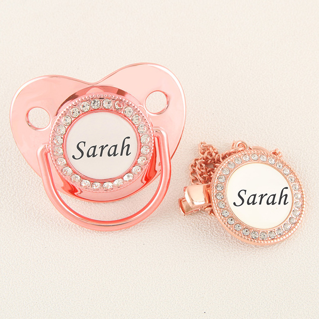 Luxury Rose Gold Personalized Logo Pacifier with Rhinestone Clips Orthodontic Soother Infant BPA Free Silicone Nipples