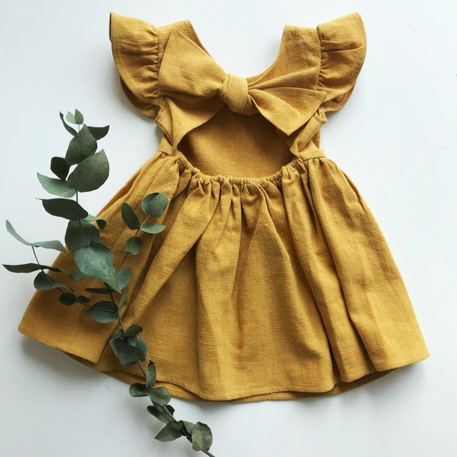 New Baby Girls Dress Bow Cotton Fly Sleeve Ruffles Lace Summer Pure Color Children Princess Skirt Kids Clothes