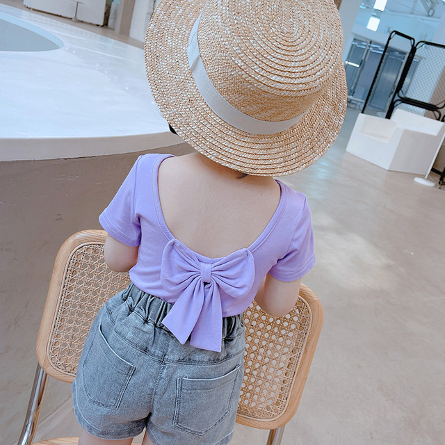 Children T-shirt for Girls Clothes Short Sleeve Back Bow-knot Baby Shirt Cotton 2022 Summer Solid Kids Clothes