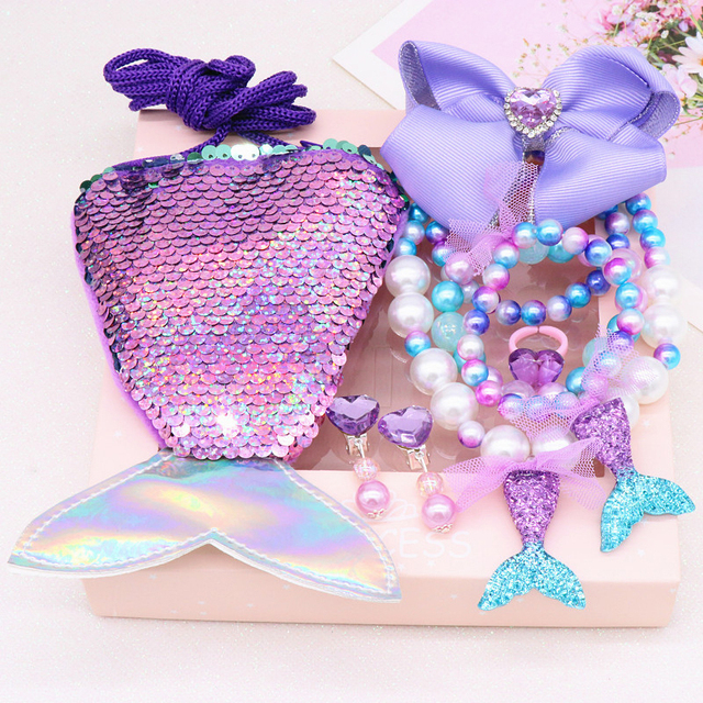 Girls Little Mermaid Party Accessories Necklace Ring Earrings Bracelet Kids Toy Birthday Gift Magic Embroidery Shoulder Bag Headband