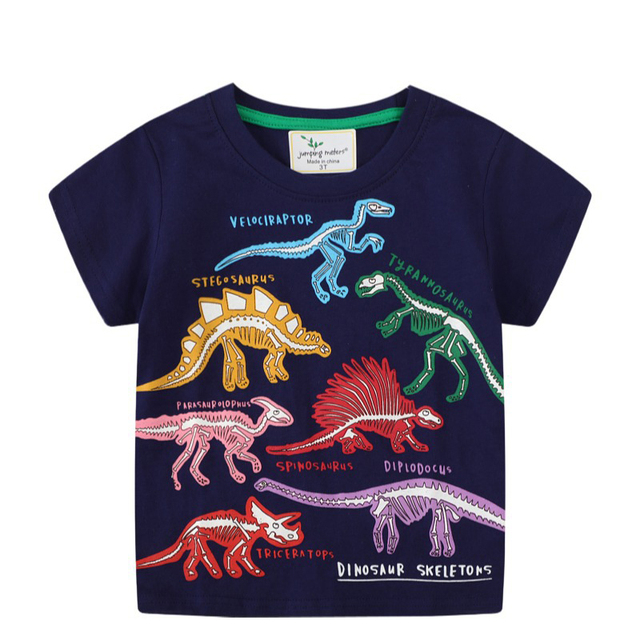 Boys Summer Clothes Children T-shirt Dinosaur Printing Kids Striped Embroidery Tops Boy Cotton T-Shirts Baby Cartoon Tee Clothes