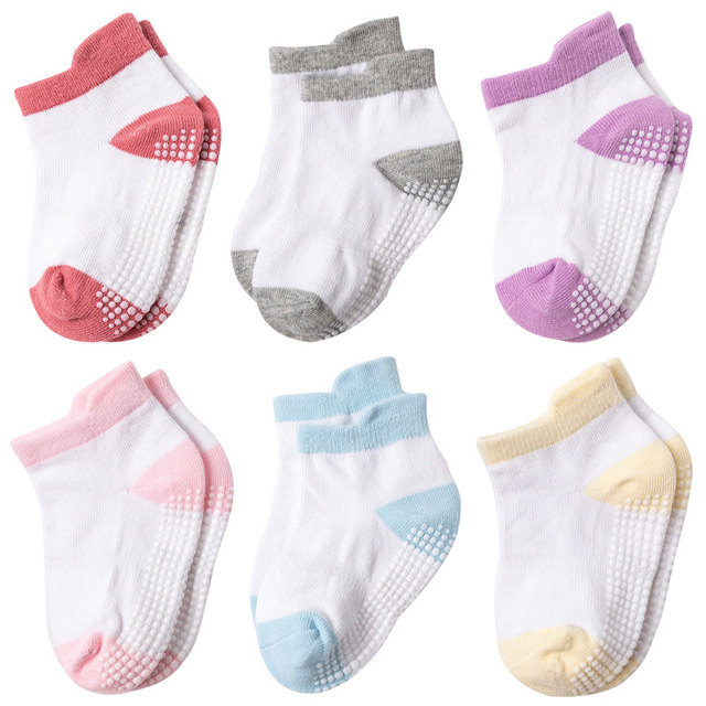 6 Pairs 0-5 Years Cotton Children Anti-Slip Boat Socks for Boys Girl Low Cut Floor Toddler Ankle Sock with Rubber Grips Four Season