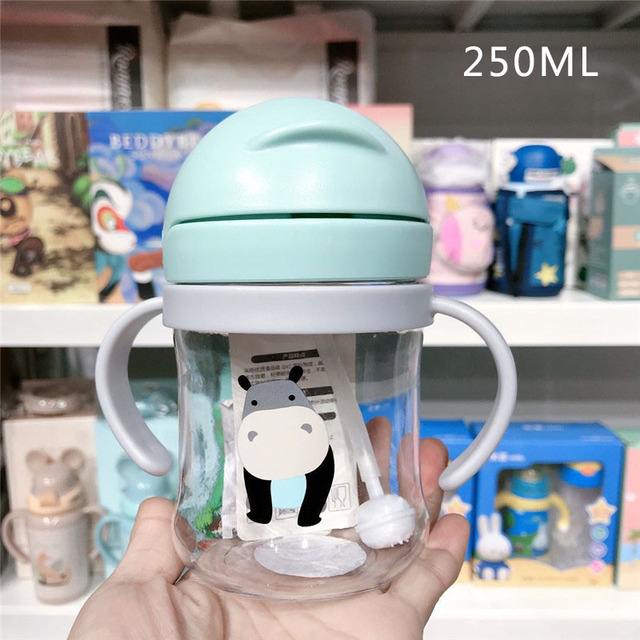 250ml Cartoon Style Outdoor Baby Drinking Bottle With Straw Baby Feeding Cup For Kids Training Portable Handle Water Bottle