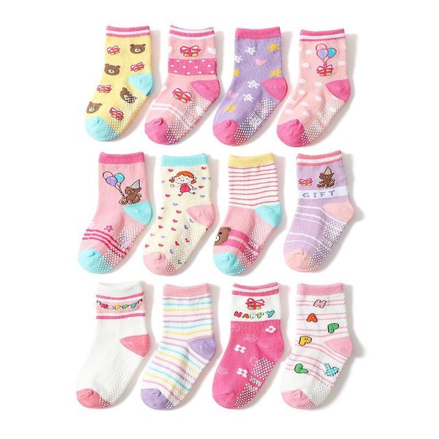 12 pairs/set kids socks baby girl anti-slip boy elastic knit cotton 1-5 years